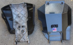 comparison of the stock skid plate and the black dog skid plate